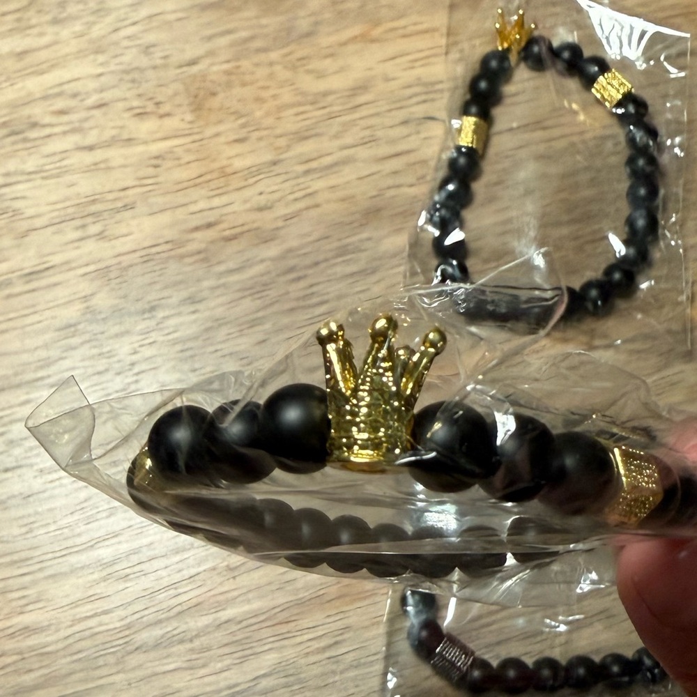 Gold and Silver Crown Black Beaded Bracelet Set
